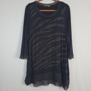 Belldini 3/4 sleeve sheer hem rhinestone top size 2X black